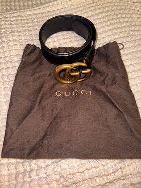 Gucci Black Leather Belt with Antique Gold Double G Buckle